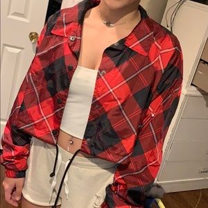 Forever 21 Red Plaid Cropped Windbreaker Zipup